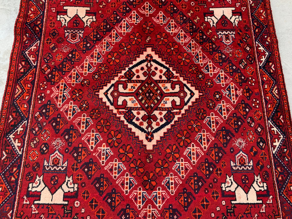 218 x 132 cm Handgeknoopt Perzisch wollen tapijt – Rood, marineblauw & ivoor tribaal geometrisch ontwerp – KBHM-786
