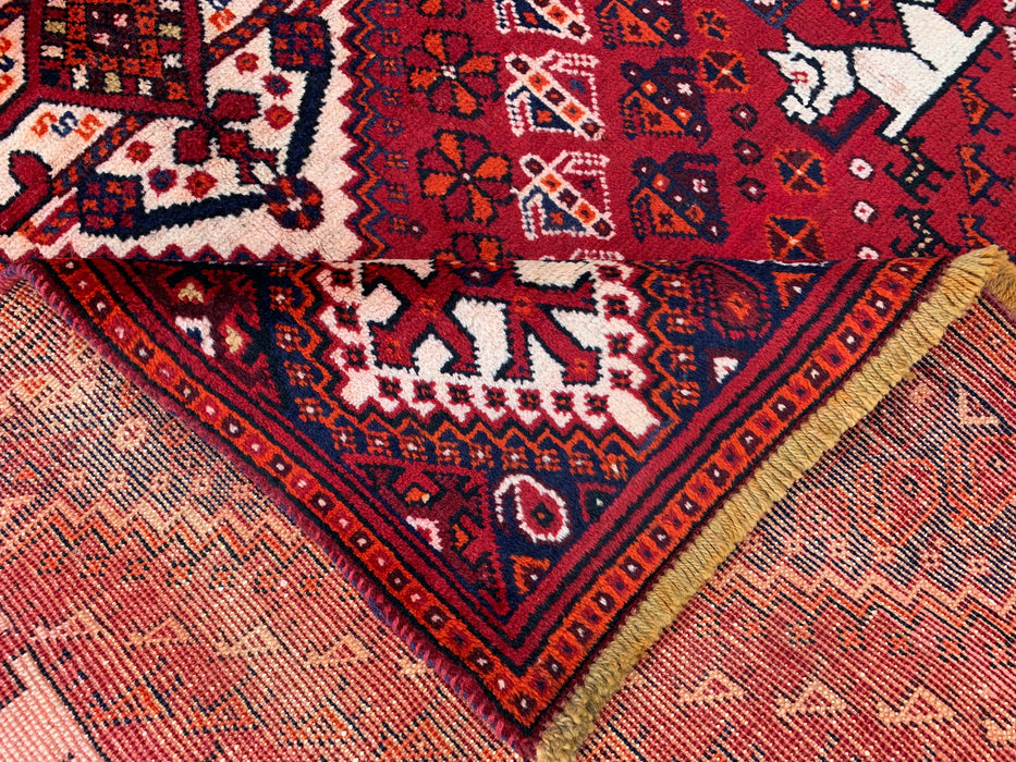 218 x 132 cm Handgeknoopt Perzisch wollen tapijt – Rood, marineblauw & ivoor tribaal geometrisch ontwerp – KBHM-786