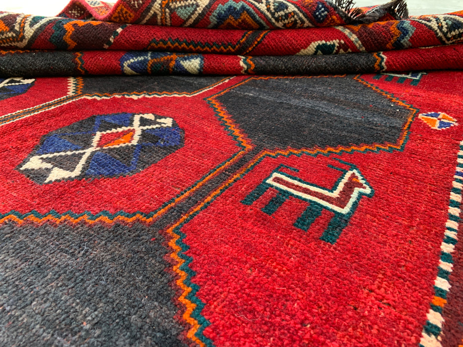 6'10" x 5'2" handgeknoopt Perzisch wollen tapijt – Rood, marineblauw & veelkleurig tribaal geometrisch ontwerp – KBHM-791