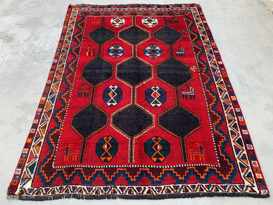 6'10" x 5'2" handgeknoopt Perzisch wollen tapijt – Rood, marineblauw & veelkleurig tribaal geometrisch ontwerp – KBHM-791