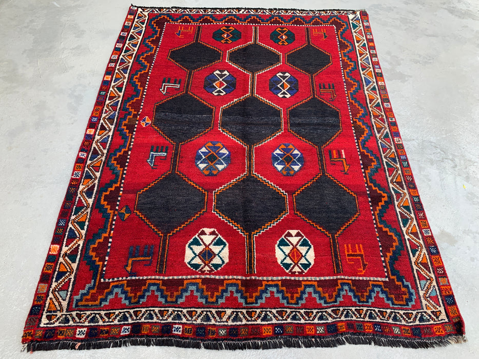 6'10" x 5'2" handgeknoopt Perzisch wollen tapijt – Rood, marineblauw & veelkleurig tribaal geometrisch ontwerp – KBHM-791