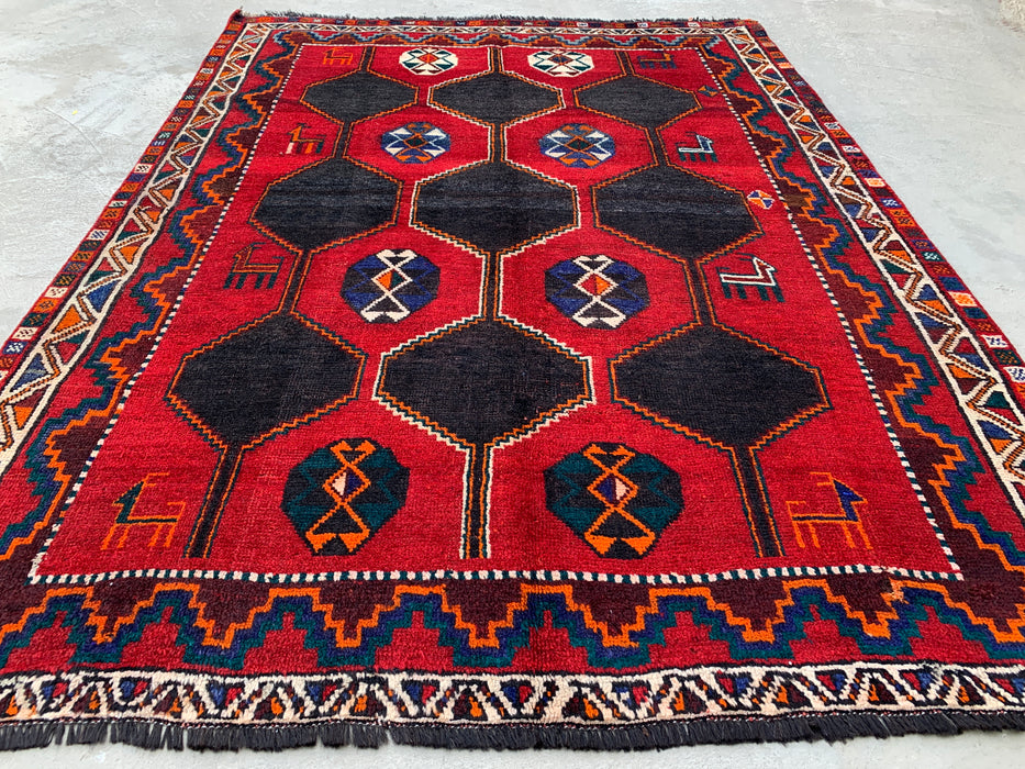 6'10" x 5'2" handgeknoopt Perzisch wollen tapijt – Rood, marineblauw & veelkleurig tribaal geometrisch ontwerp – KBHM-791