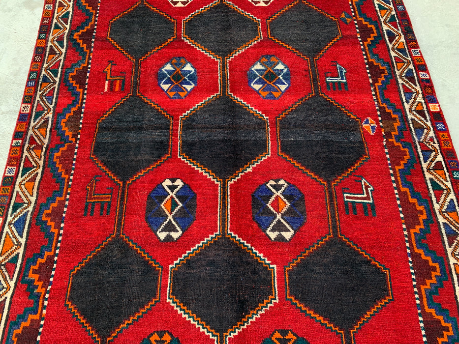 6'10" x 5'2" handgeknoopt Perzisch wollen tapijt – Rood, marineblauw & veelkleurig tribaal geometrisch ontwerp – KBHM-791