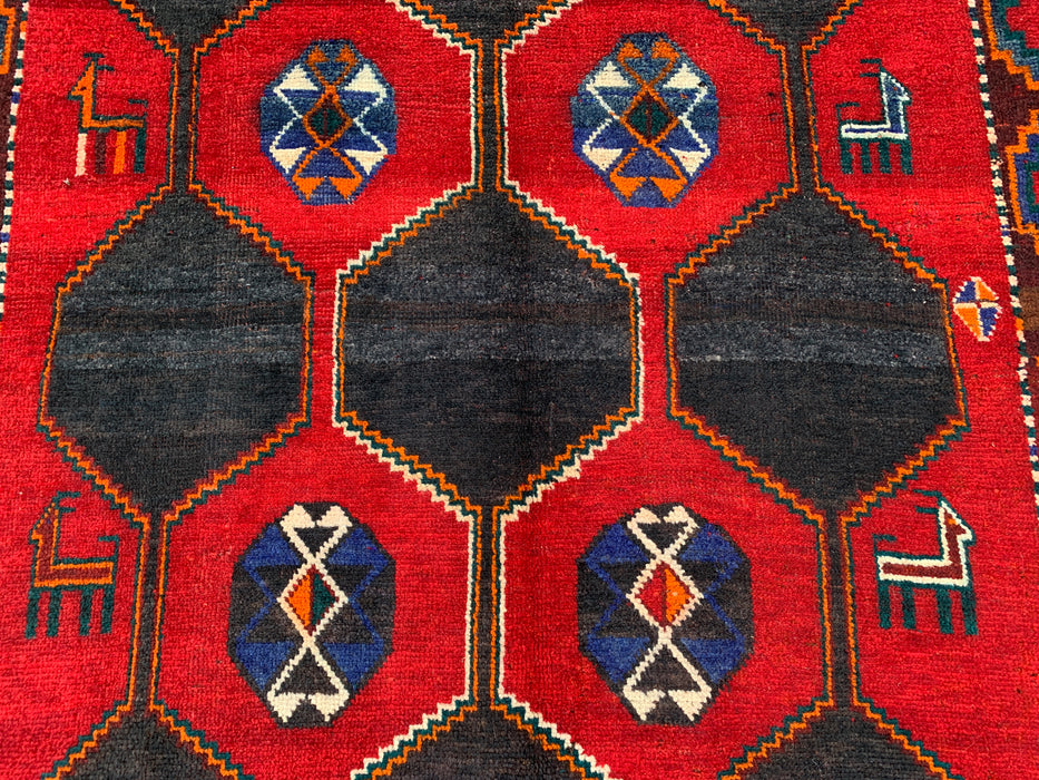 6'10" x 5'2" handgeknoopt Perzisch wollen tapijt – Rood, marineblauw & veelkleurig tribaal geometrisch ontwerp – KBHM-791