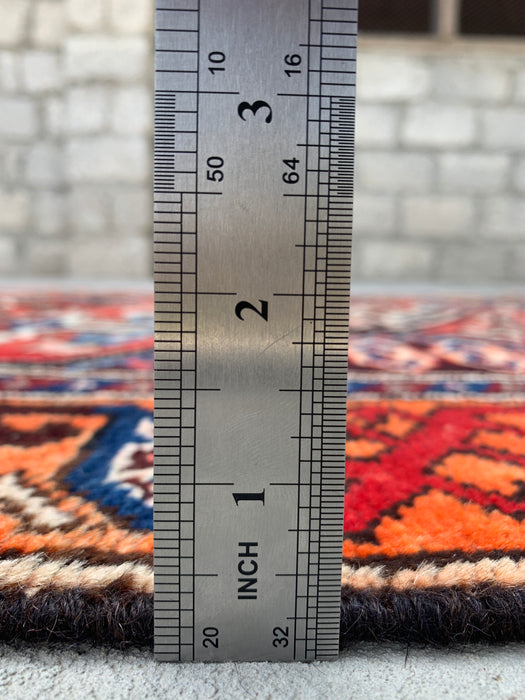 190,5 x 114,5 cm handgeknoopt Perzisch wollen tapijt – Ivoor, rood & blauw tribaal geometrisch paneelontwerp – KBHM-792