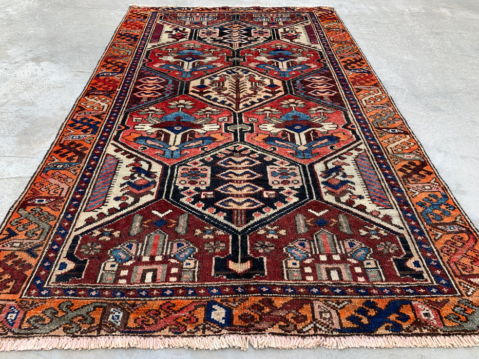 190,5 x 114,5 cm handgeknoopt Perzisch wollen tapijt – Ivoor, rood & blauw tribaal geometrisch paneelontwerp – KBHM-792