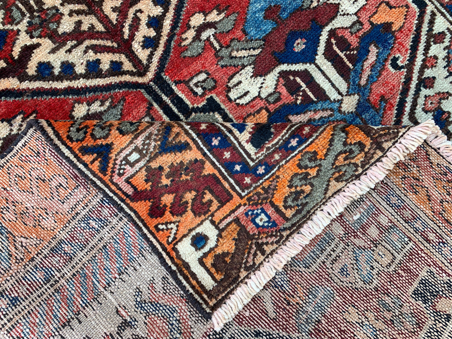 190,5 x 114,5 cm handgeknoopt Perzisch wollen tapijt – Ivoor, rood & blauw tribaal geometrisch paneelontwerp – KBHM-792