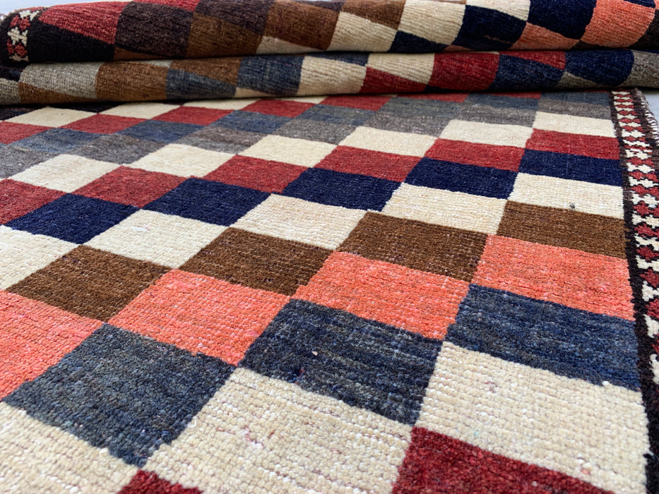 Handgeknoopt Perzisch wollen tapijt van 180 x 114 cm – Veelkleurig geometrisch dambordpatroon – KBHM-795
