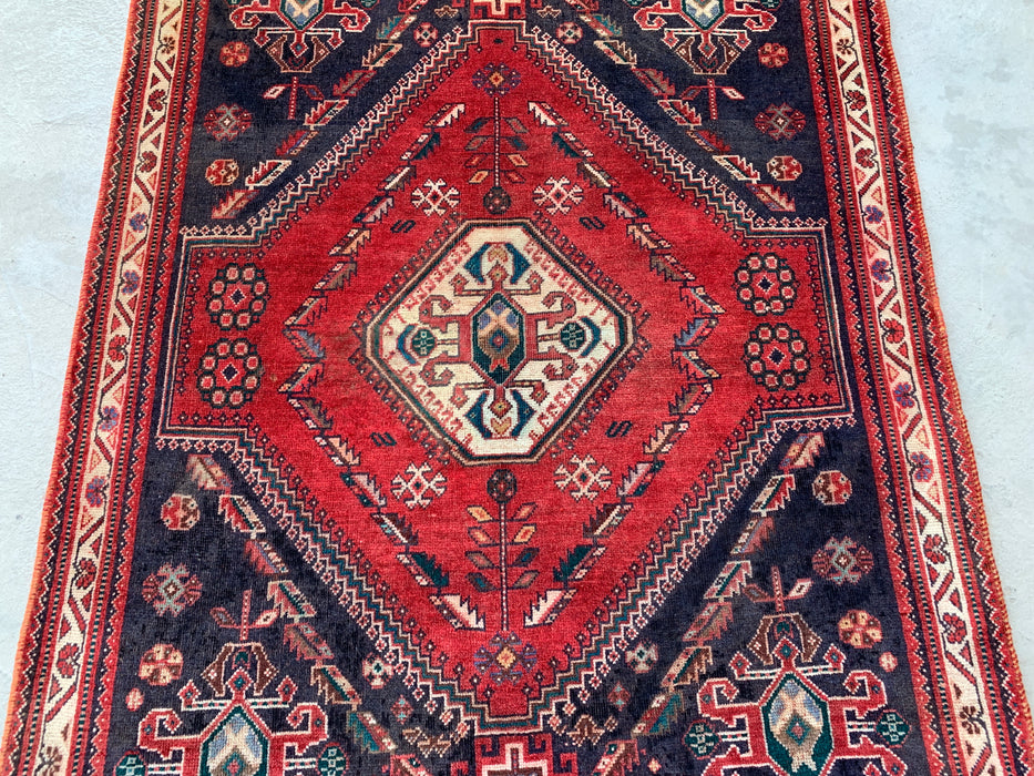 4'2" x 4'0" Handgeknoopt Perzisch wollen tapijt – Marineblauw & Ivoor Tribaal geometrisch medaillonontwerp – KBHM-796