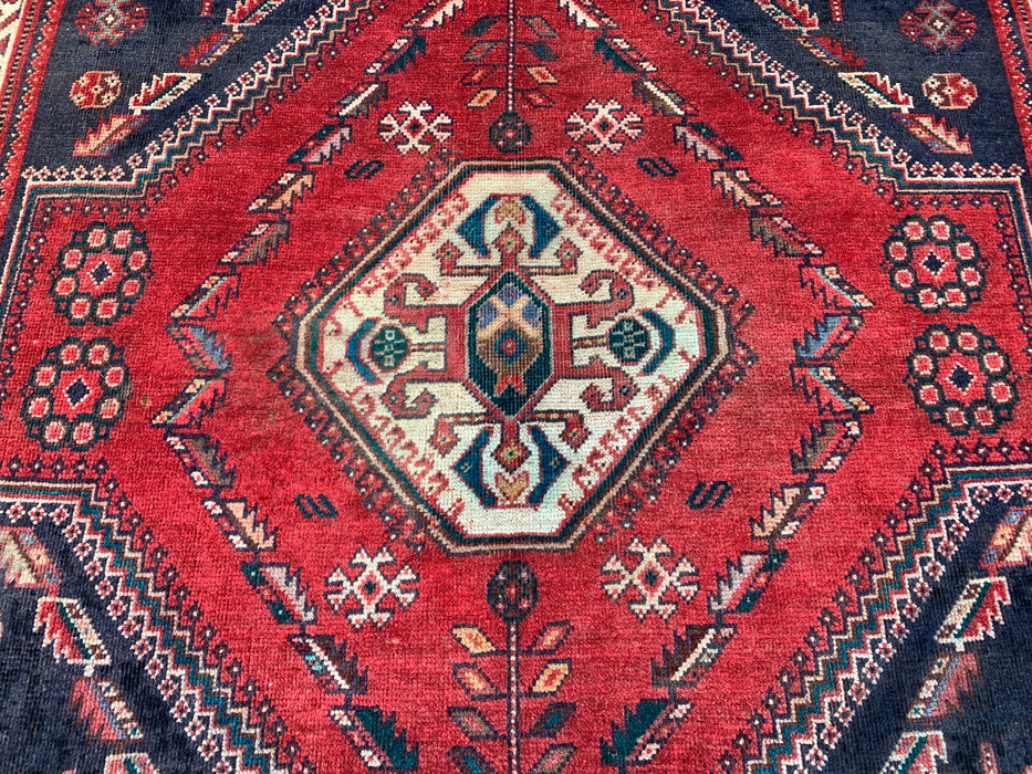4'2" x 4'0" Handgeknoopt Perzisch wollen tapijt – Marineblauw & Ivoor Tribaal geometrisch medaillonontwerp – KBHM-796