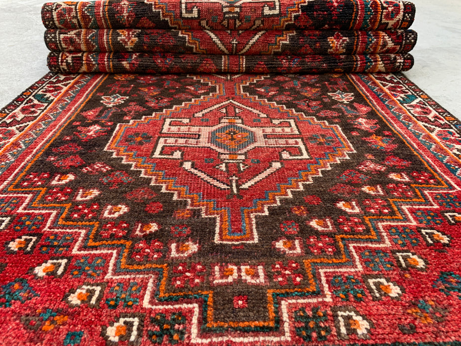 330 cm x 89 cm handgeknoopt Perzisch wollen loper - Rood, bruin en ivoorkleurig tribaal medaillondesign – KBHM-799