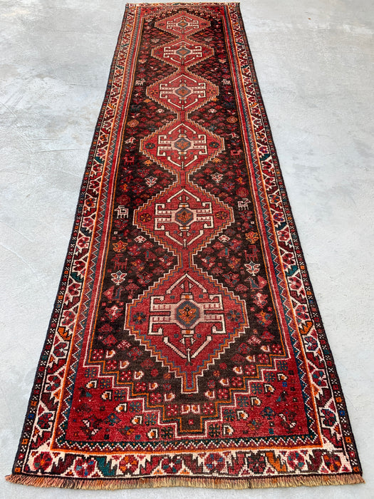 330 cm x 89 cm handgeknoopt Perzisch wollen loper - Rood, bruin en ivoorkleurig tribaal medaillondesign – KBHM-799