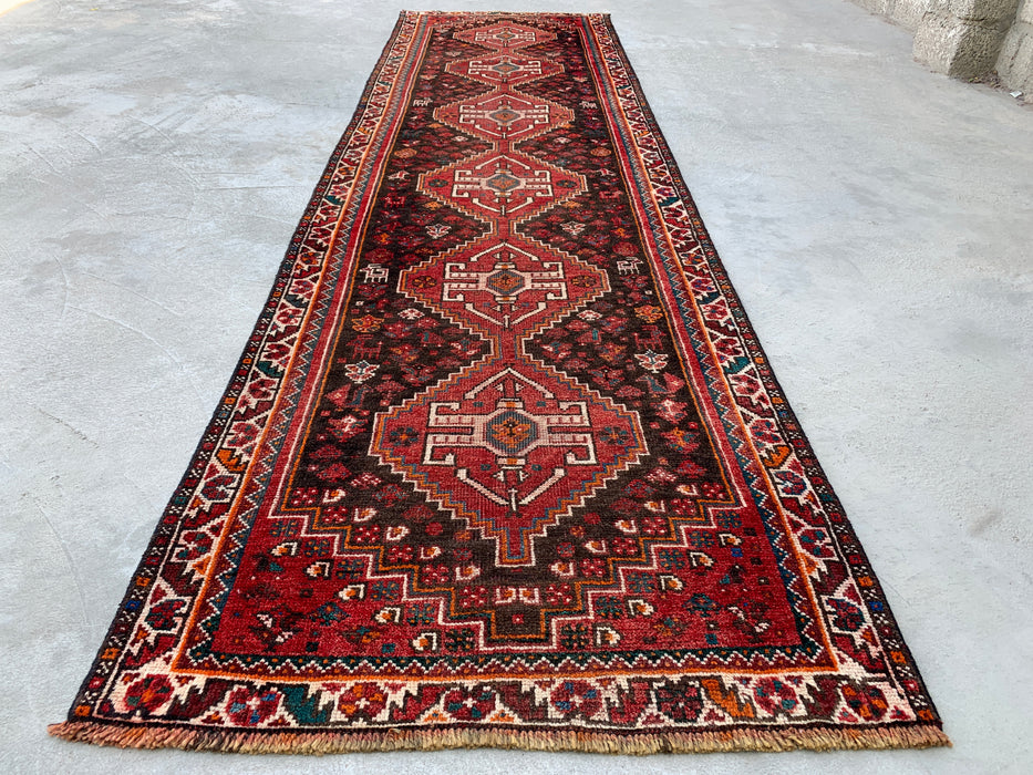 330 cm x 89 cm handgeknoopt Perzisch wollen loper - Rood, bruin en ivoorkleurig tribaal medaillondesign – KBHM-799