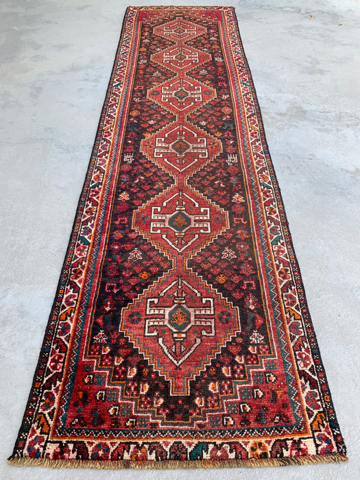 330 cm x 89 cm handgeknoopt Perzisch wollen loper - Rood, bruin en ivoorkleurig tribaal medaillondesign – KBHM-799