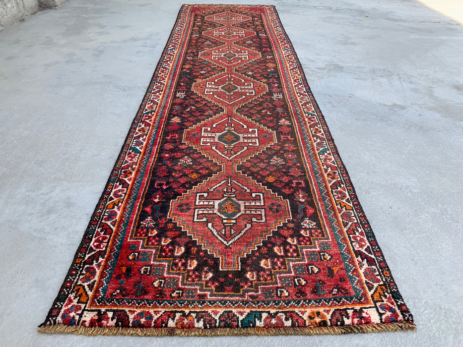 330 cm x 89 cm handgeknoopt Perzisch wollen loper - Rood, bruin en ivoorkleurig tribaal medaillondesign – KBHM-799