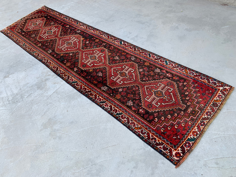 330 cm x 89 cm handgeknoopt Perzisch wollen loper - Rood, bruin en ivoorkleurig tribaal medaillondesign – KBHM-799