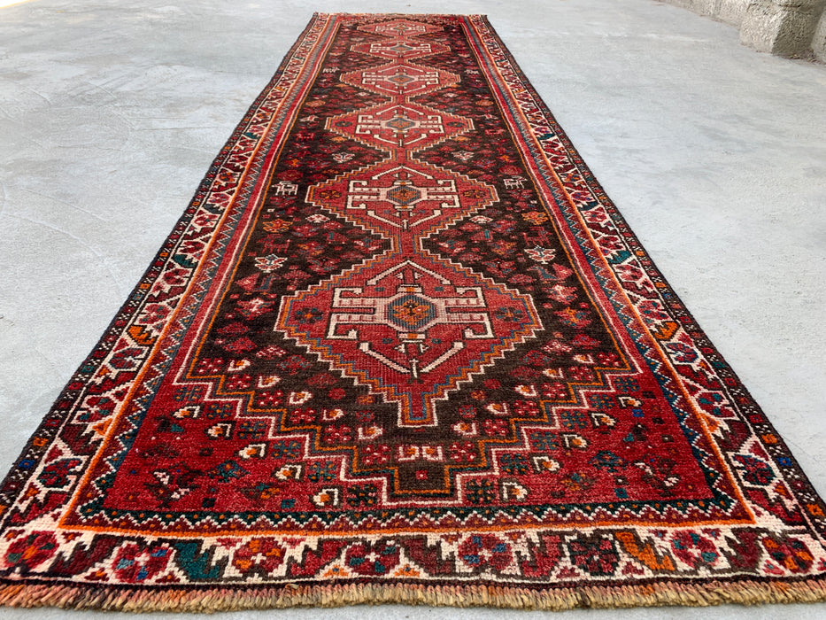 330 cm x 89 cm handgeknoopt Perzisch wollen loper - Rood, bruin en ivoorkleurig tribaal medaillondesign – KBHM-799