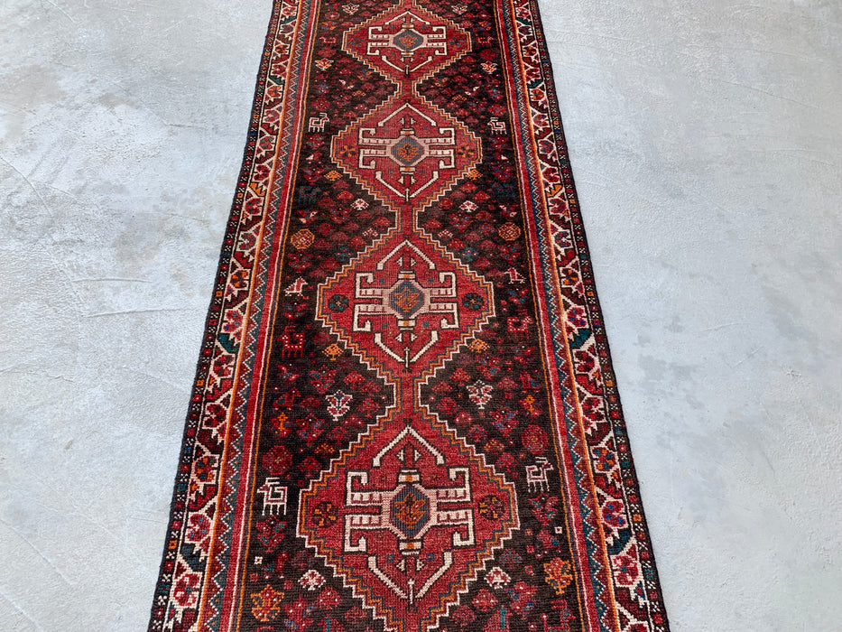 330 cm x 89 cm handgeknoopt Perzisch wollen loper - Rood, bruin en ivoorkleurig tribaal medaillondesign – KBHM-799