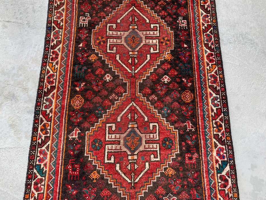 330 cm x 89 cm handgeknoopt Perzisch wollen loper - Rood, bruin en ivoorkleurig tribaal medaillondesign – KBHM-799