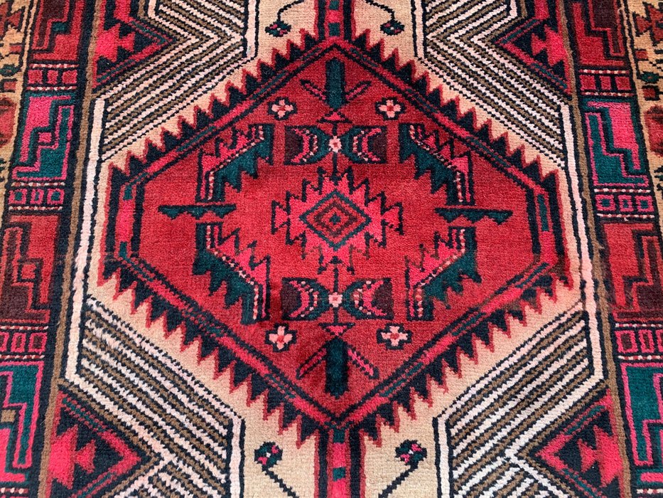 297 cm x 71 cm handgeknoopt Perzisch wollen loper – kameel, rood & ivoorkleurig tribaal medaillonmotief – KBHM-800