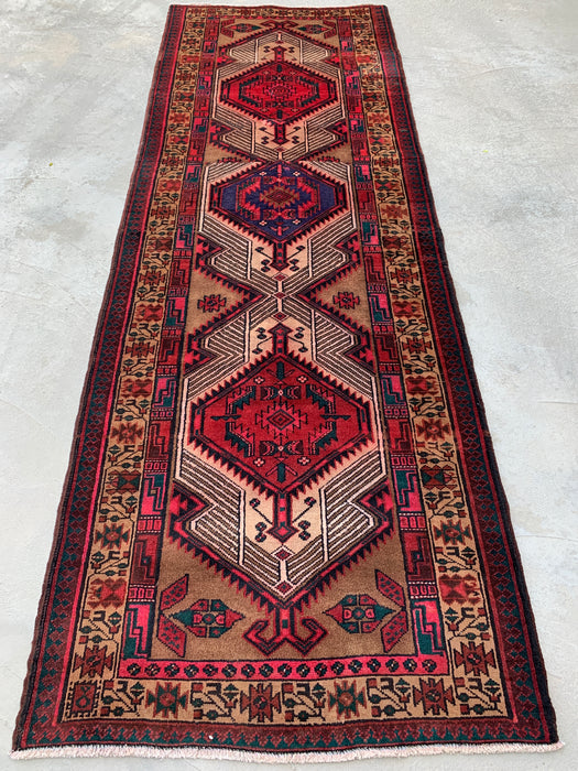 297 cm x 71 cm handgeknoopt Perzisch wollen loper – kameel, rood & ivoorkleurig tribaal medaillonmotief – KBHM-800