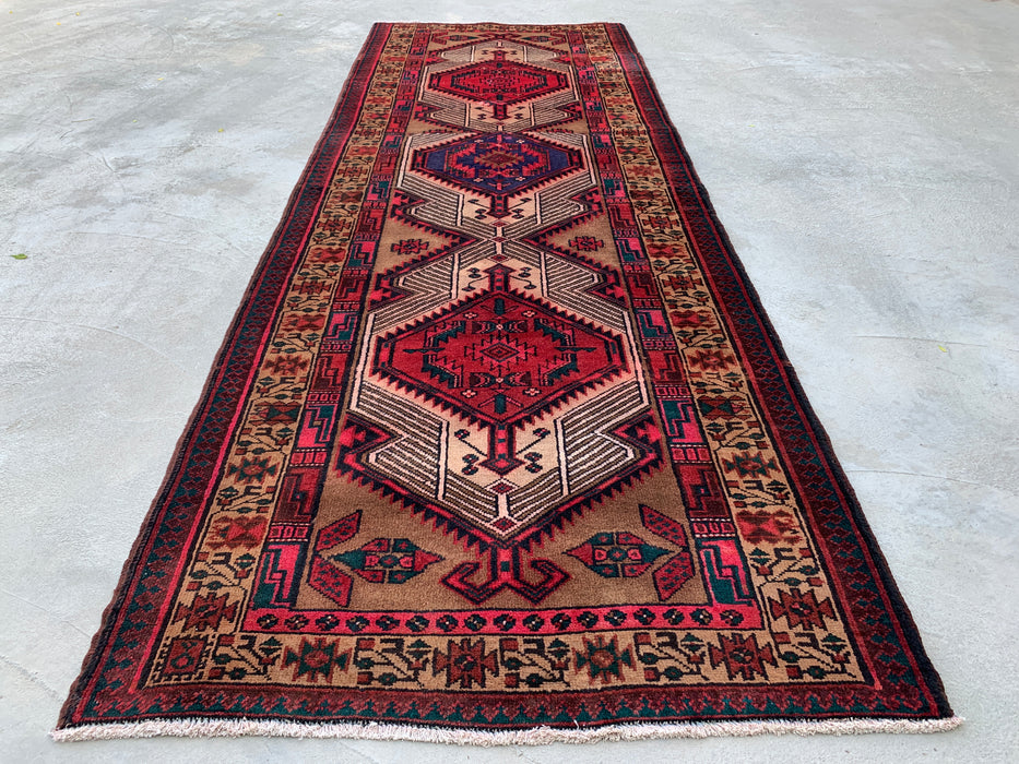 297 cm x 71 cm handgeknoopt Perzisch wollen loper – kameel, rood & ivoorkleurig tribaal medaillonmotief – KBHM-800