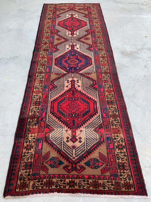 297 cm x 71 cm handgeknoopt Perzisch wollen loper – kameel, rood & ivoorkleurig tribaal medaillonmotief – KBHM-800