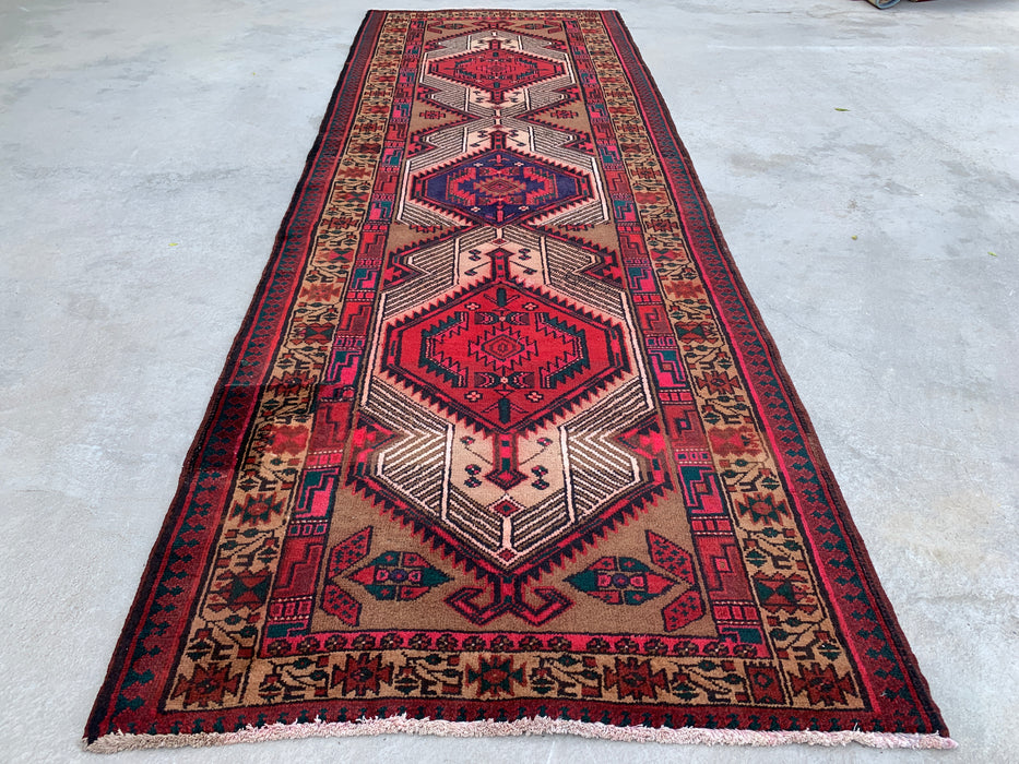 297 cm x 71 cm handgeknoopt Perzisch wollen loper – kameel, rood & ivoorkleurig tribaal medaillonmotief – KBHM-800