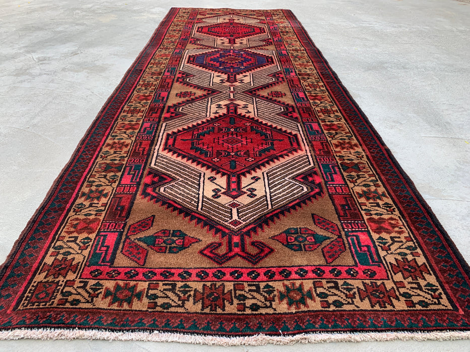 297 cm x 71 cm handgeknoopt Perzisch wollen loper – kameel, rood & ivoorkleurig tribaal medaillonmotief – KBHM-800