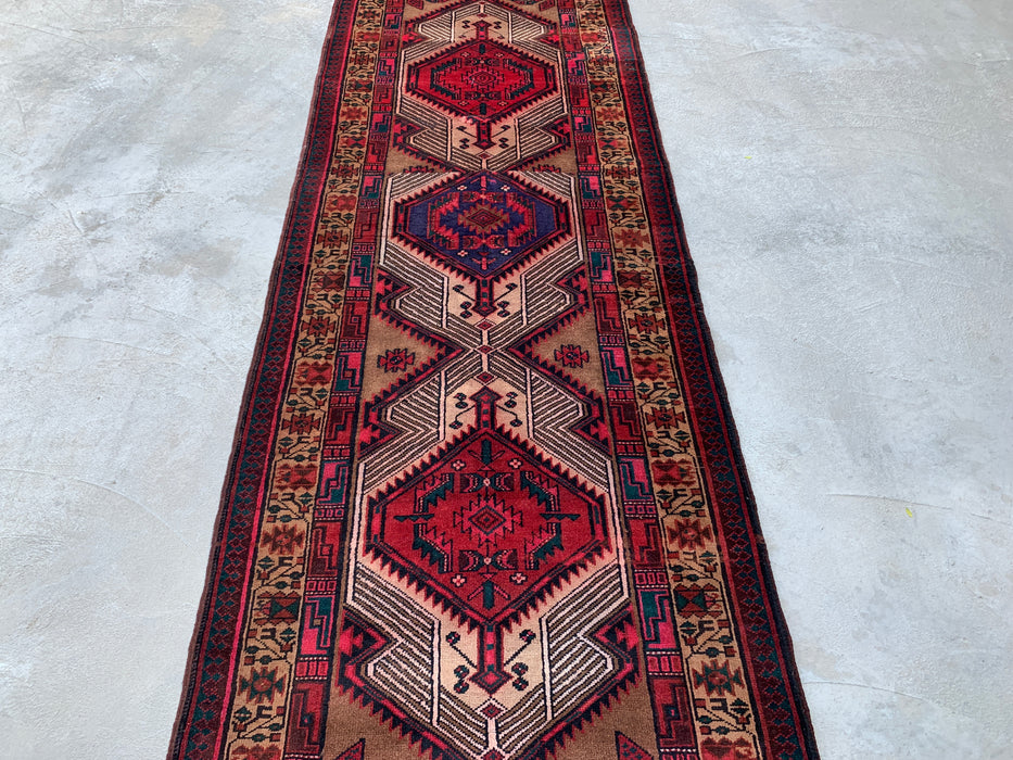 297 cm x 71 cm handgeknoopt Perzisch wollen loper – kameel, rood & ivoorkleurig tribaal medaillonmotief – KBHM-800