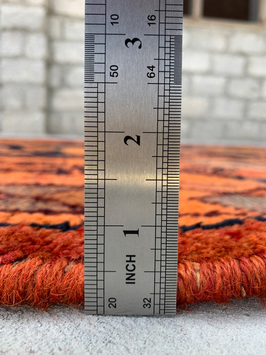 338 cm x 114 cm handgeknoopt Perzisch wollen loperkleed – Perzik, marineblauw & veelkleurig tribaal geometrisch paneelontwerp – KBHM-801