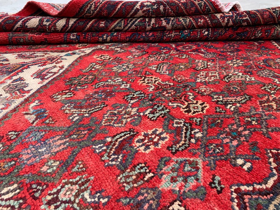 Handgemaakt Perzisch wollen vloerkleed 213x305 cm - Rood, ivoor & houtskool tribaal medaillon Perzisch stijl kleed - Exacte afmeting 312 cm x 211 cm - KBHM-802