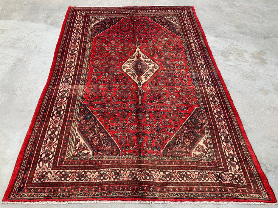 Handgemaakt Perzisch wollen vloerkleed 213x305 cm - Rood, ivoor & houtskool tribaal medaillon Perzisch stijl kleed - Exacte afmeting 312 cm x 211 cm - KBHM-802