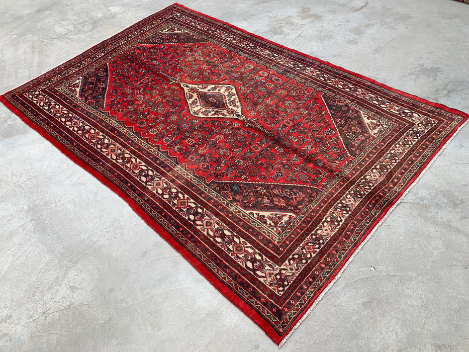 Handgemaakt Perzisch wollen vloerkleed 213x305 cm - Rood, ivoor & houtskool tribaal medaillon Perzisch stijl kleed - Exacte afmeting 312 cm x 211 cm - KBHM-802