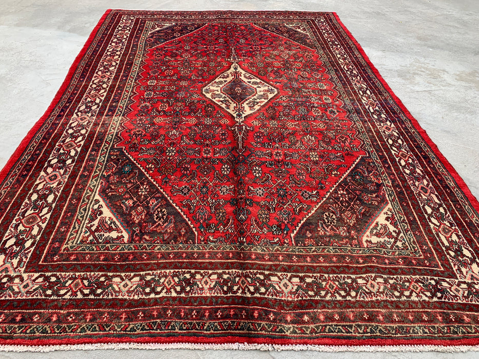 Handgemaakt Perzisch wollen vloerkleed 213x305 cm - Rood, ivoor & houtskool tribaal medaillon Perzisch stijl kleed - Exacte afmeting 312 cm x 211 cm - KBHM-802