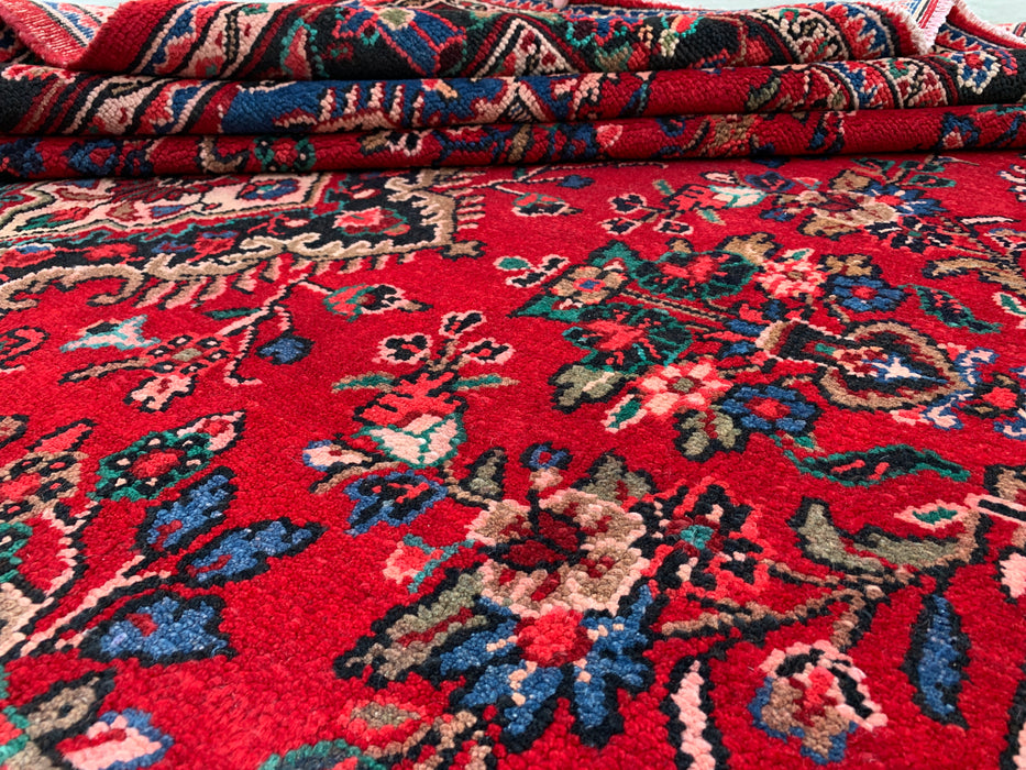 10'2" x 7'1" Handgeknoopt Perzisch wollen tapijt – Rood, marineblauw & ivoorkleurig bloemenmedaillonontwerp – KBHM-803
