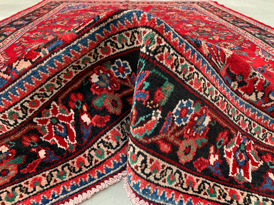 10'2" x 7'1" Handgeknoopt Perzisch wollen tapijt – Rood, marineblauw & ivoorkleurig bloemenmedaillonontwerp – KBHM-803