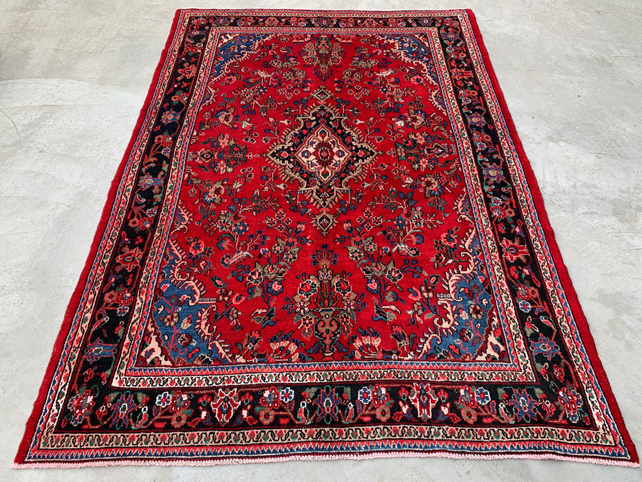 10'2" x 7'1" Handgeknoopt Perzisch wollen tapijt – Rood, marineblauw & ivoorkleurig bloemenmedaillonontwerp – KBHM-803