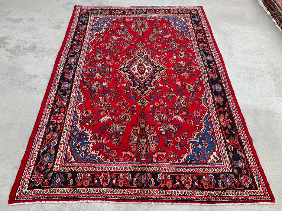 10'2" x 7'1" Handgeknoopt Perzisch wollen tapijt – Rood, marineblauw & ivoorkleurig bloemenmedaillonontwerp – KBHM-803