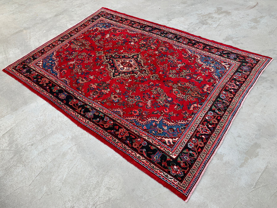 10'2" x 7'1" Handgeknoopt Perzisch wollen tapijt – Rood, marineblauw & ivoorkleurig bloemenmedaillonontwerp – KBHM-803