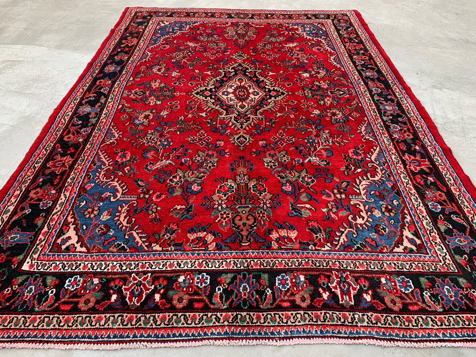 10'2" x 7'1" Handgeknoopt Perzisch wollen tapijt – Rood, marineblauw & ivoorkleurig bloemenmedaillonontwerp – KBHM-803