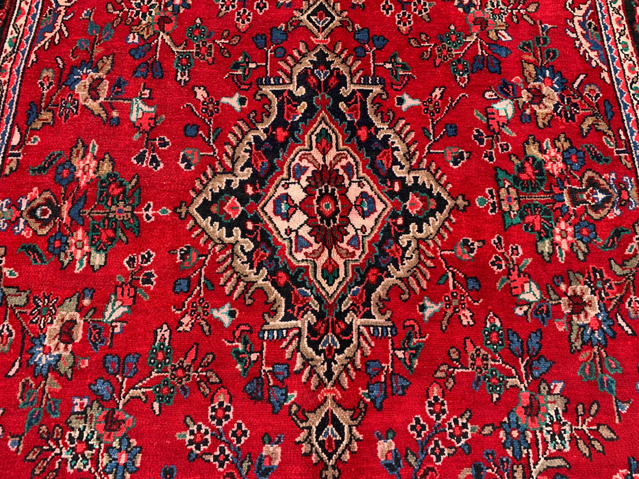 10'2" x 7'1" Handgeknoopt Perzisch wollen tapijt – Rood, marineblauw & ivoorkleurig bloemenmedaillonontwerp – KBHM-803