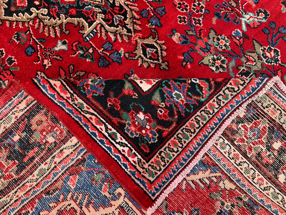 10'2" x 7'1" Handgeknoopt Perzisch wollen tapijt – Rood, marineblauw & ivoorkleurig bloemenmedaillonontwerp – KBHM-803