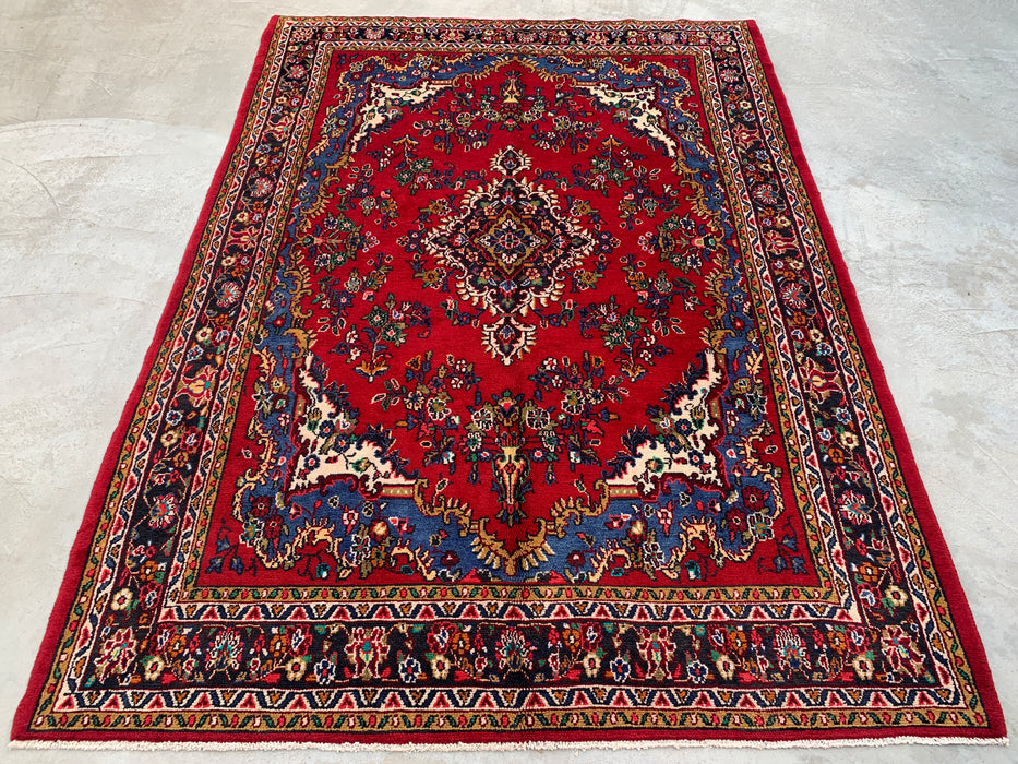 10'5" x 7'5" Hand-Knotted Persian Wool Rug – Red, Blue & Ivory Floral Medallion Design – KBHM-804