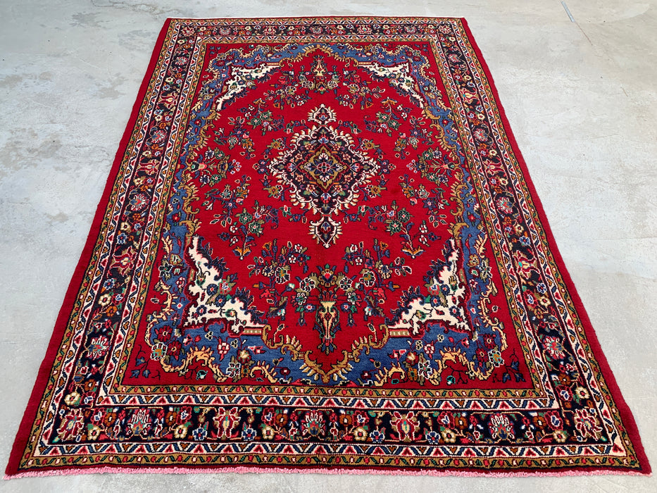 10'5" x 7'5" Hand-Knotted Persian Wool Rug – Red, Blue & Ivory Floral Medallion Design – KBHM-804
