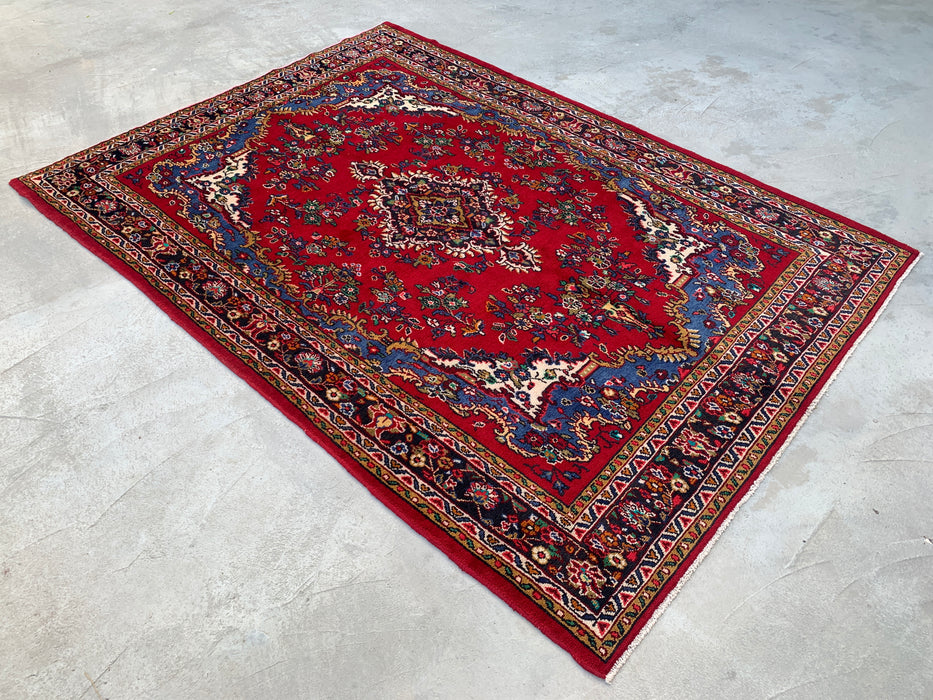 10'5" x 7'5" Hand-Knotted Persian Wool Rug – Red, Blue & Ivory Floral Medallion Design – KBHM-804