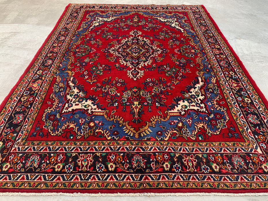 10'5" x 7'5" Hand-Knotted Persian Wool Rug – Red, Blue & Ivory Floral Medallion Design – KBHM-804