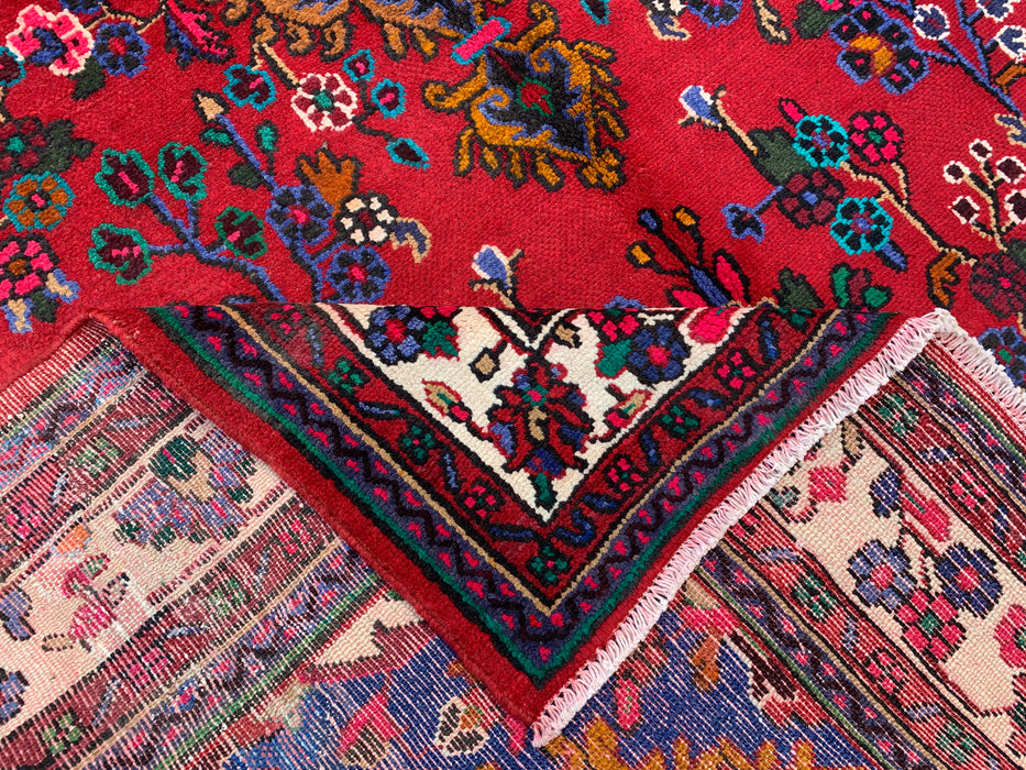 Handgemaakt Perzisch wollen vloerkleed 7x10 - Rood, ivoor & blauw Perzisch stijl kleed met bloemenmedaillon - Exacte afmeting 9'11" x 6'11" - KBHM-805