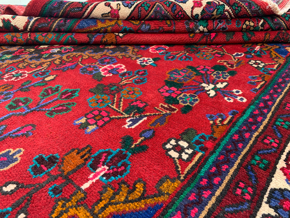 Handgemaakt Perzisch wollen vloerkleed 7x10 - Rood, ivoor & blauw Perzisch stijl kleed met bloemenmedaillon - Exacte afmeting 9'11" x 6'11" - KBHM-805