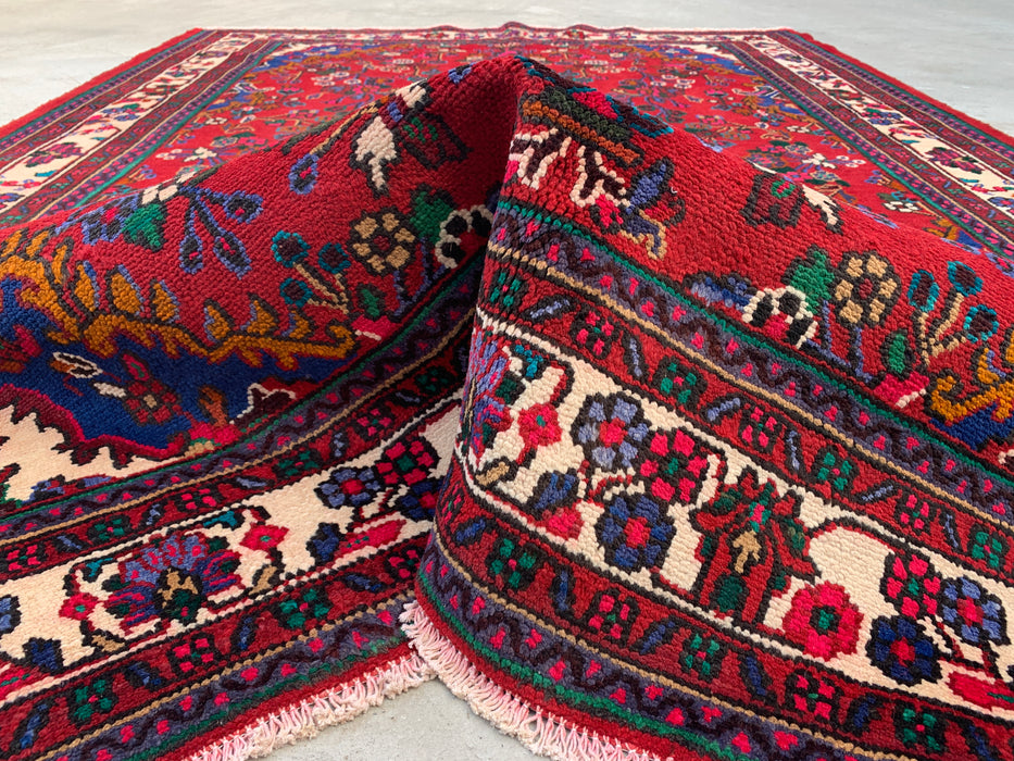 Handgemaakt Perzisch wollen vloerkleed 7x10 - Rood, ivoor & blauw Perzisch stijl kleed met bloemenmedaillon - Exacte afmeting 9'11" x 6'11" - KBHM-805